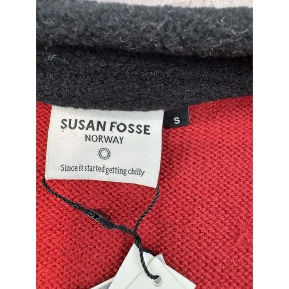 New Susan Fosse Cardigan Aluoen Norway Wool Full Zip Sweater Red Black Small